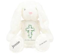 Personalised Baptism Bunny with Name - Eucalyptus Leaf Cross On your Baptism Day Soft Toy for Baby, Child, Kids, Babies Christening Church Spring Time - Pink Letter White Bunny