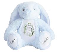Personalised Baptism Bunny with Name - Eucalyptus Leaves Doves On your Baptism Day Soft Toy for Baby, Child, Kids, Babies Christening Church Spring Time - Blue Letter Blu Bunny