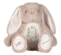 Personalised Baptism Bunny with Name - Eucalyptus Leaves Doves On your Baptism Day Soft Toy for Baby, Child, Kids, Babies Christening Church Spring Time - Blue Letter Brown Bunny