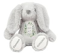 Personalised Baptism Bunny with Name - Eucalyptus Leaves Doves On your Baptism Day Soft Toy for Baby, Child, Kids, Babies Christening Church Spring Time - Blue Letter Grey Bunny