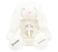 Personalised Baptism Bunny with Name - Flowers Cross On your Baptism Day Soft Toy for Baby, Child, Kids, Babies Christening Church Spring Time - Pink Letter White Bunny