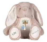 Personalised Baptism Bunny with Name - Peter Cross Rabbit Blue Flowers On your Baptism Day Soft Toy for Baby, Child, Kids, Babies Christening Church Spring Time - Blue Letter Brown Bunny