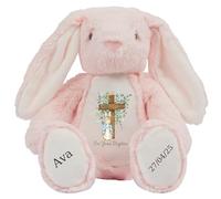 Personalised Baptism Bunny with Name - Peter Cross Rabbit On your Baptism Day Soft Toy for Baby, Child, Kids, Babies Christening Church Spring Time - Pink Letter Pin Bunny