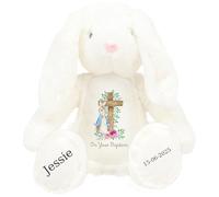 Personalised Baptism Bunny with Name - Peter Cross Rabbit Pink Flowers On your Baptism Day Soft Toy for Baby, Child, Kids, Babies Christening Church Spring Time - Blue Letter White Bunny