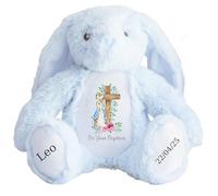 Personalised Baptism Bunny with Name - Peter Cross Rabbit Pink Flowers On your Baptism Day Soft Toy for Baby, Child, Kids, Babies Christening Church Spring Time - Blue Letter Blu Bunny