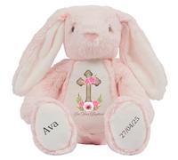 Personalised Baptism Bunny with Name - Pink Flower Cross On your Baptism Day Soft Toy for Baby, Child, Kids, Babies Christening Church Spring Time - Blue Letter Pin Bunny