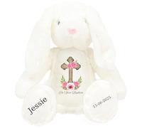 Personalised Baptism Bunny with Name - Pink Flower Cross On your Baptism Day Soft Toy for Baby, Child, Kids, Babies Christening Church Spring Time - Blue Letter White Bunny