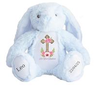 Personalised Baptism Bunny with Name - Pink Flower Cross On your Baptism Day Soft Toy for Baby, Child, Kids, Babies Christening Church Spring Time - Blue Letter Blu Bunny