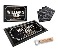 Personalised Bar Accessories Set - Rustic Engraved Slate Coasters, Wood Handle Bottle Opener, Bar Runner & Metal Sign - Custom Home Pub Gift