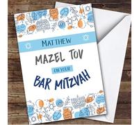 Personalised Bar Mitzvah Card For Anyone Blue Banner | Custom Greetings Card For Bar Mitzvah Any Text Inside & Out