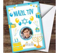 Personalised Bar Mitzvah Card For Anyone Photo Blue Candles Cake | Custom Greetings Card For Bar Mitzvah Any Text Inside & Out