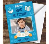 Personalised Bar Mitzvah Card For Anyone Photo Blue Gift Scroll | Custom Greetings Card For Bar Mitzvah Any Text Inside & Out