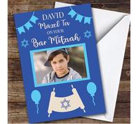 Personalised Bar Mitzvah Card For Anyone Photo Blue Scroll | Custom Greetings Card For Bar Mitzvah Any Text Inside & Out
