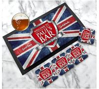 Personalised Bar Runner mat | Bar Coaster set- Union Jack flag Bar runner - Beer accessories gift, cafe, pub, man cave, home bar novelty gift bar set