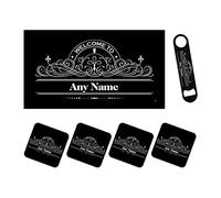 Personalised Bar Runner Mat, Matching Bottle Opener & 4 x Drinks Coasters Gift Set|Beer Gifts Home Bar Accessories for Pub Bars Man Cave Him Her|BRS-RA816|ADD Any Name/Text