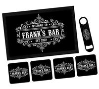 Personalised Bar Runner Mat Matching Set Any Name Bar Blade Bottle Opener & 4 Coasters Custom Name Beer Gifts For Pubs Home Bar Novelty Accessories For Dad Father's Day Mens Man Cave