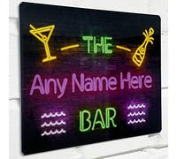 Personalised Bar Sign - Neon effect Printed Metal Sign wall art Waves A5 Bar Add Name