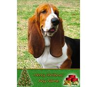 Personalised Basset Hound Dog Christmas Card (Merry Christmas, Any Name) - Custom Xmas Card for Him or Her Male Female Kids Boys Girls