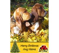 Personalised Basset Hound Dog Christmas Card (Merry Christmas, Any Name) - Custom Xmas Card for Him or Her Male Female Kids Boys Girls