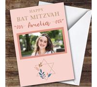 Personalised Bat Mitzvah Card For Anyone Photo Peach Star | Personalized Custom Unique Greetings Card For Bat Mitzvah Any Text Inside & Out