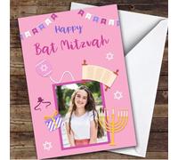 Personalised Bat Mitzvah Card For Anyone Photo Pink Balloon | Personalized Custom Unique Greetings Card For Bat Mitzvah Any Text Inside & Out
