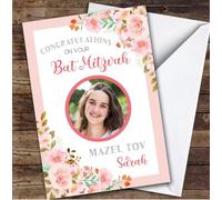 Personalised Bat Mitzvah Card For Anyone Photo Pink Flowers | Custom Greetings Card For Bat Mitzvah Any Text Inside & Out