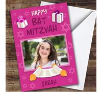 Personalised Bat Mitzvah Card For Anyone Photo Pink Gift Scroll | Personalized Custom Unique Greetings Card For Bat Mitzvah Any Text Inside & Out