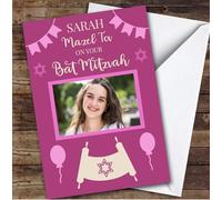 Personalised Bat Mitzvah Card For Anyone Photo Pink Scroll | Personalized Custom Unique Greetings Card For Bat Mitzvah Any Text Inside & Out
