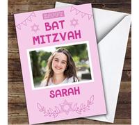 Personalised Bat Mitzvah Card For Anyone Photo Pink Star | Custom Greetings Card For Bat Mitzvah Any Text Inside & Out