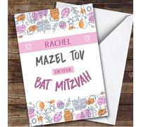Personalised Bat Mitzvah Card For Anyone Pink Banner | Personalized Custom Unique Greetings Card For Bat Mitzvah Any Text Inside & Out