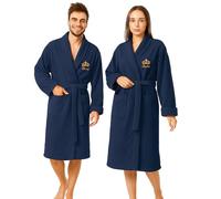 Personalised Bathrobe for Men & Women - 2 Pack Custom Embroidered Crown Dressing Gown - Luxury Towelling Bathrobe with Pocket & Collar - Spa and Shower Robe - Gift for His and Hers - Navy Blue L/XL