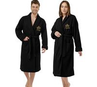 Personalised Bathrobe for Men & Women - 2 Pack Custom Embroidered Crown Dressing Gown - Luxury Towelling Bathrobe with Pocket & Collar - Spa and Shower Robe - Gift for His and Hers - Black S/M