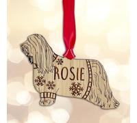 Personalised Bearded Collie Dog Christmas Tree Bauble Decoration, Wearing a Dog Jumper Design with Snowflakes, Customised Puppy Hanging Ornament, Oak Veneer Wood with Red Ribbon