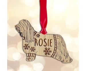 Personalised Bearded Collie Dog Christmas Tree Bauble Decoration, Wearing a Dog Jumper Design with Snowflakes, Customised Puppy Hanging Ornament, Oak Veneer Wood with Red Ribbon