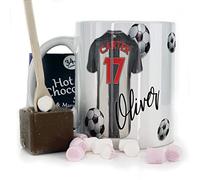 Personalised Belgian Milk Chocolate/Hot Chocolate Stirrer Marshmallow Gift Set, Custom Name/Number/Text on 11oz Happy Birthday Mug with Black and White Stripe Football Shirt
