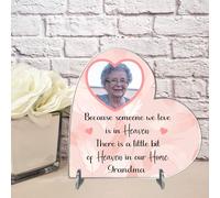 Personalised Bereavement Photo Plaque, Custom Memorial, Available in MDF or Acrylic, Heartfelt Heaven Quote, (Acrylic 8.5cm x 8.5cm, Pink Feather)