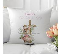 Personalised Bespoke Custom Memory Cushion Cross Christening Baptism Day Throw Pillow Pink Rabbit Floral Insert Own Name Day Special Printed Personalized Keepsake Baby Holy Religious Ceremony Gift