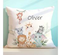 Personalised Bespoke Custom Memory Cushion Safari Jungle Throw Pillow Watercolour Lion Elephant Giraffe Monkey Insert Own Name Special Cute Printed Personalized Boy Girl Baby Toddler Keepsake Gift