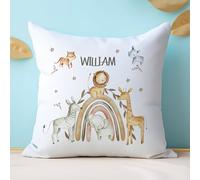 Personalised Bespoke Custom Memory Cushion Safari Rainbow Throw Pillow Lion Elephant Giraffe Zebra Rhino Tiger Insert Own Name Day Special Printed Personalized Kids Boy Girl Baby Toddler Keepsake Gift