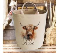 Personalised Bespoke Custom Name Highland Cow Large Felt Laundry Basket Bin Bag with Handles Storage Unit Tube Tub Unique Print Room Personalized Name Keepsake Gift Item Toy Cylinder Box Boxes
