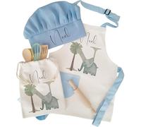 Personalised Bespoke Custom Name Kids Blue Initial Alphabet Elephant Safari Theme Linen Apron Chef's Hat Baking Set Design Print Pinafore Special Christmas Keepsake Children Gift Item Idea
