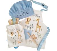 Personalised Bespoke Custom Name Kids Blue Safari Lion Giraffe Elephant Zebra Theme Linen Apron Chef's Hat Baking Set Design Print Pinafore Special Christmas Keepsake Children Gift Item Idea