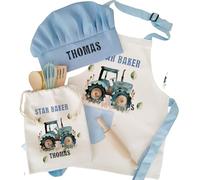 Personalised Bespoke Custom Name Kids Blue Tractor Farm Crops Leaf Theme Linen Apron Chef's Hat Baking Set Design Print Pinafore Special Christmas Keepsake Children Gift Item Idea