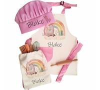 Personalised Bespoke Custom Name Kids Pink Unicorn Rainbow Pony Floral Theme Linen Apron Chef's Hat Baking Set Design Print Pinafore Special Christmas Keepsake Children Gift Item Idea