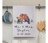 Personalised Bespoke Custom Name Kitchen Tea Towel Love Birds Rainbow Parrots Branch Dish Cloth Mug Drying Hand Waffle Baking Cooking Apron Unique Design Quality Pinafore Birthday Gift Set for Her