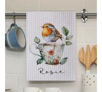 Personalised Bespoke Custom Name Kitchen Tea Towel Robin Bird Floral Rose Cup Themed Dish Cloth Drying Hand Waffle Baking Cooking Apron Unique Design Quality Pinafore Birthday Gift Set for Her
