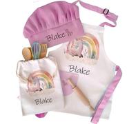 Personalised Bespoke Custom Name Pink Unicorn Rainbow Pony Linen Apron Chef's Hat Baking Set Pinafore Special Christmas Keepsake Children Gift tabard