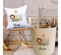 Personalised Bespoke Custom Name Safari Elephant Lion Giraffe Large Felt Laundry Basket Bin Bag with Handles Storage Unit Tube Tub Print Room Personalized Name Keepsake Gift Item Toy Cylinder Box