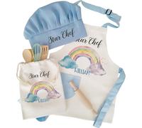 Personalised Bespoke Custom Name Star Quality Kids Linen Apron Chef's Hat Baking Set Rainbow Bridge Design Print Blue Theme Pinafore Special Christmas Keepsake Cooking Kitchen Gift Idea