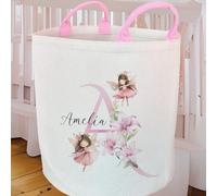 Personalised Bespoke Pink Fairy Felt Toy Basket Custom Name Laundry Bin Organiser Bag Handles Storage Fairies Flower Initial Unit Tube Tub Print Room Personalized Name Keepsake Gift Item Cylinder Box